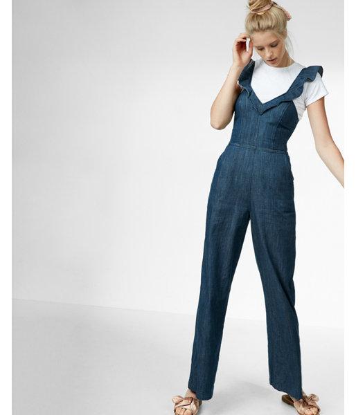 v neck denim overalls