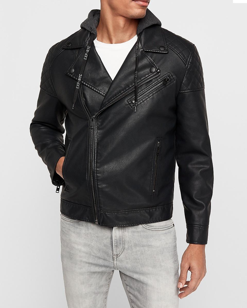 Express Faux Leather Hooded Asymmetrical Moto Jacket in