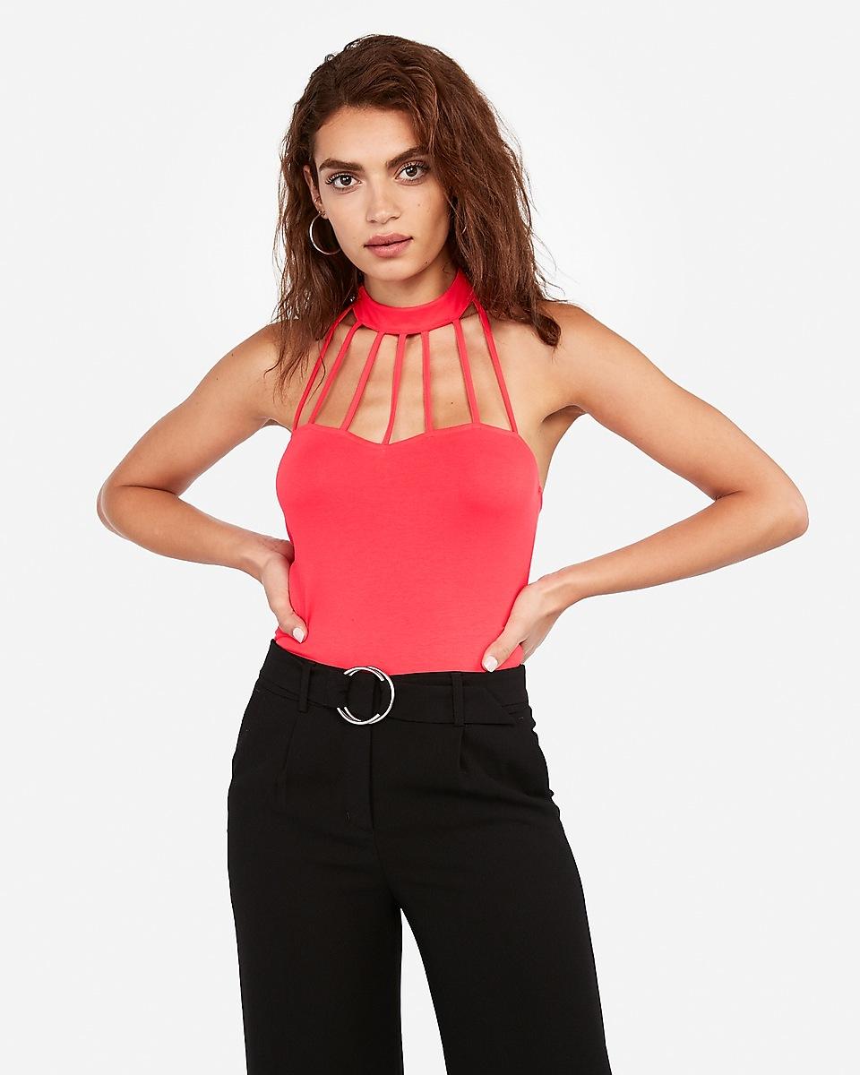 Express Denim Strappy Halter Cage Thong Bodysuit Red - Lyst