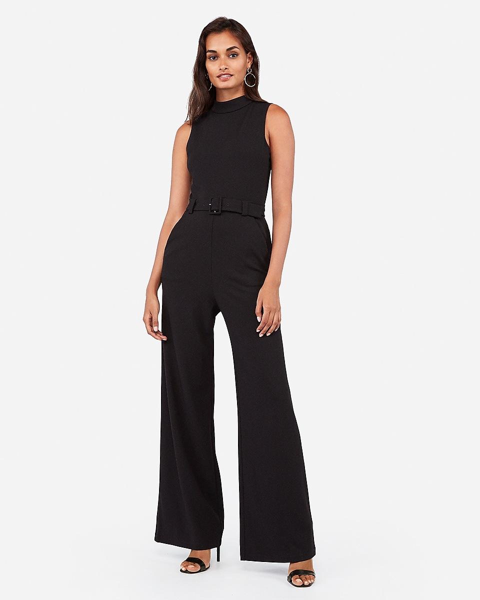 Download Express Mock Neck Belted Jumpsuit Black - Lyst