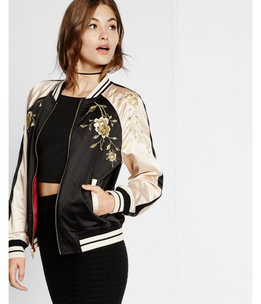 Express Embroidered Satin Tiger Reversible Bomber Jacket in Black | Lyst  Canada
