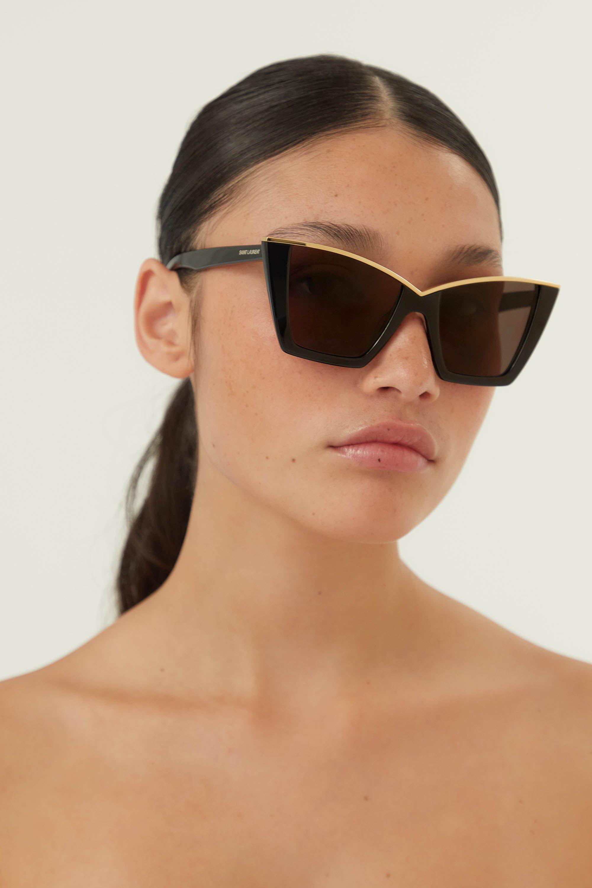 Saint Laurent Cat Eye Black And Gold Sunglasses in Brown | Lyst
