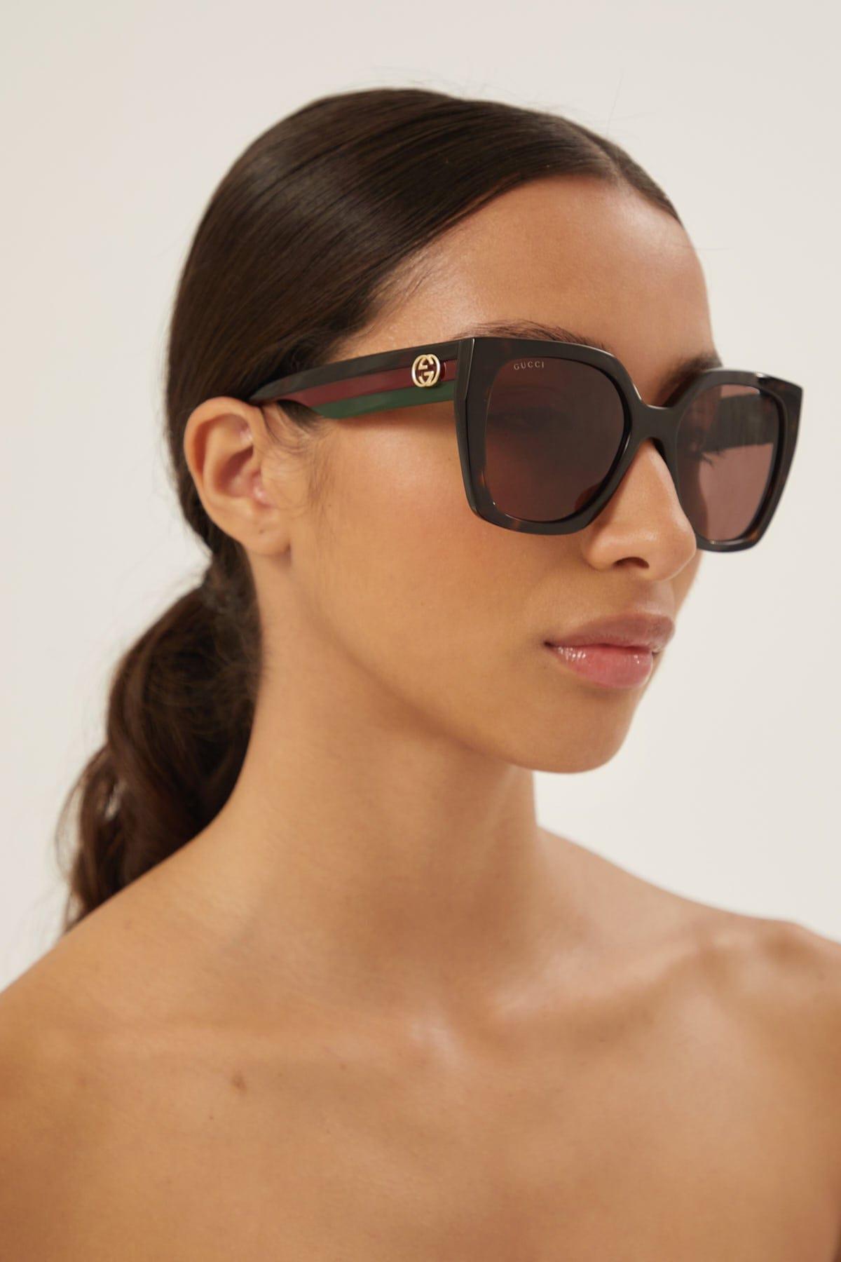 Gucci Squared Havana Sunglasses With Web Temple in Brown | Lyst