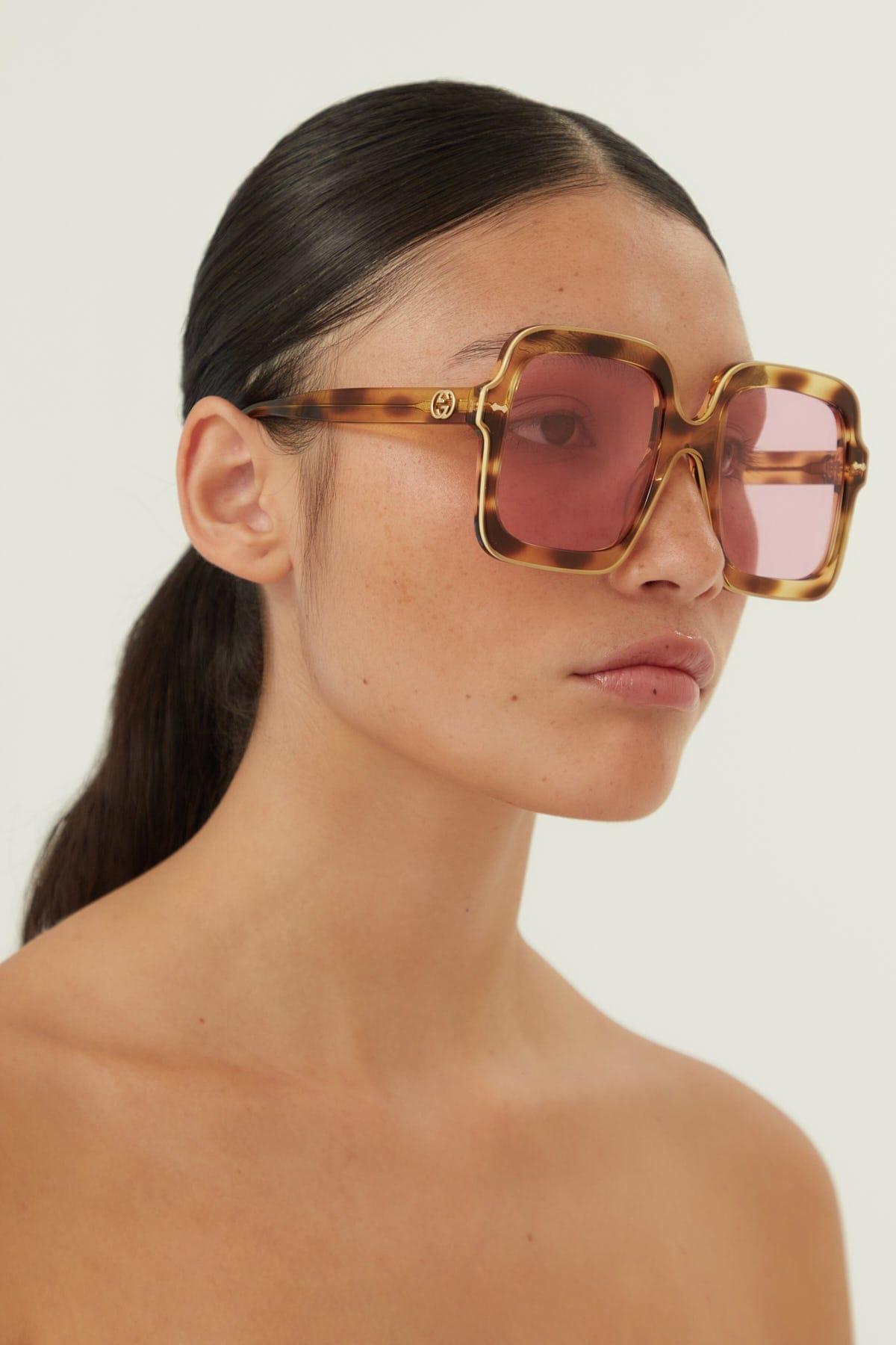 Gucci Squared Oversize Havana And Pink Sunglasses in Brown | Lyst