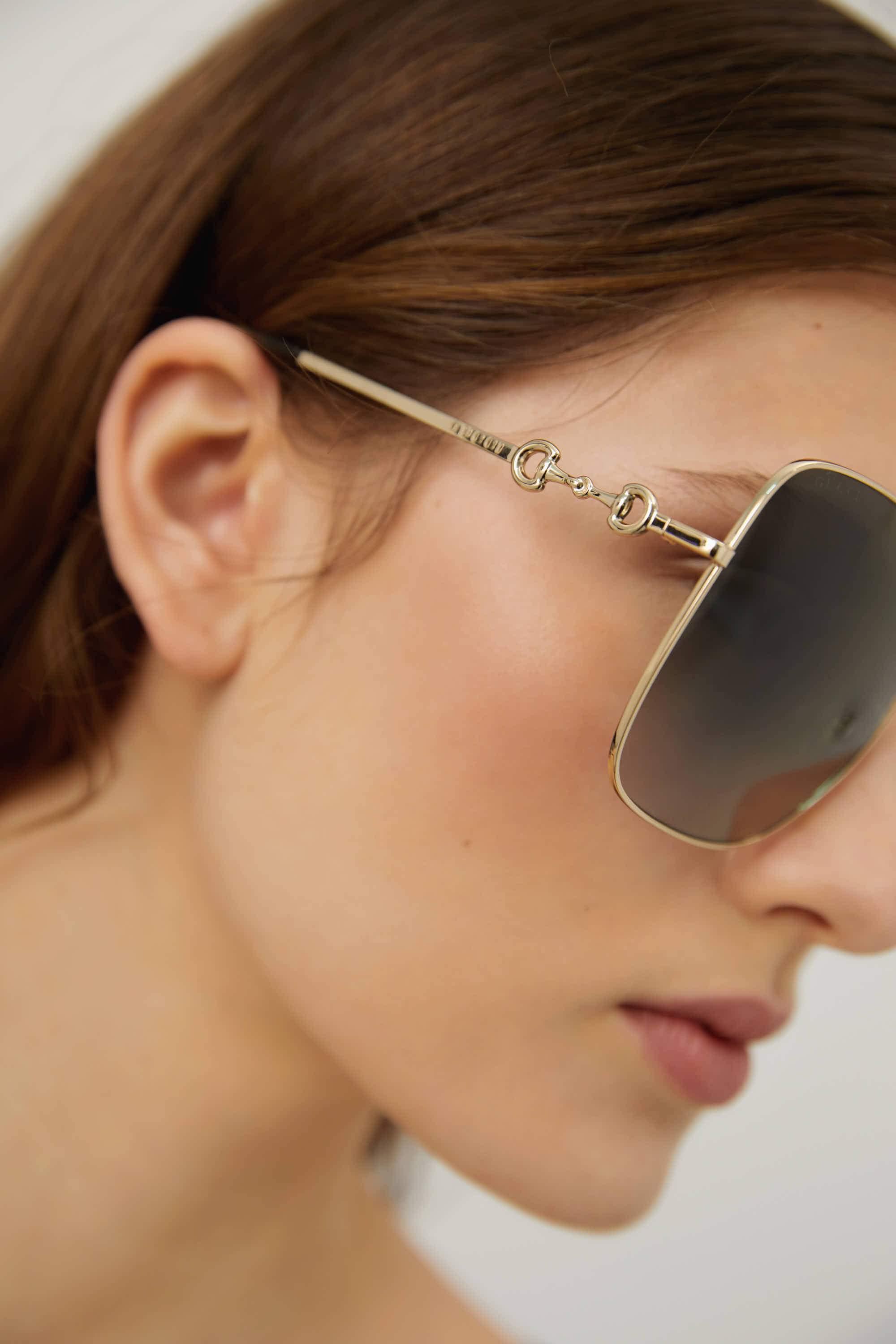 Gucci Squared Metal Gold Grey Classic Sunglasses With Horsebit Detail in  Natural | Lyst UK