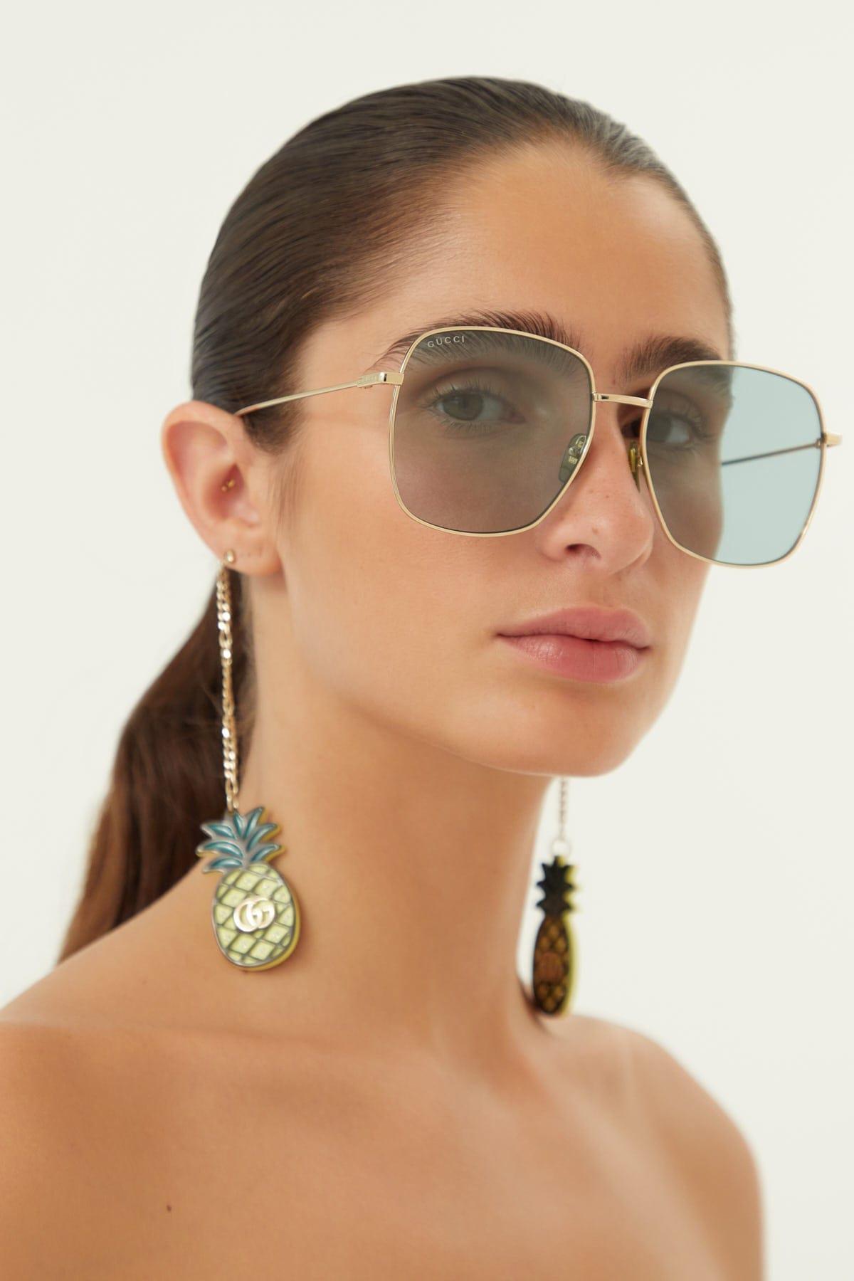 Gucci Gold Squared Sunglasses With Pineapple Charms in Green | Lyst