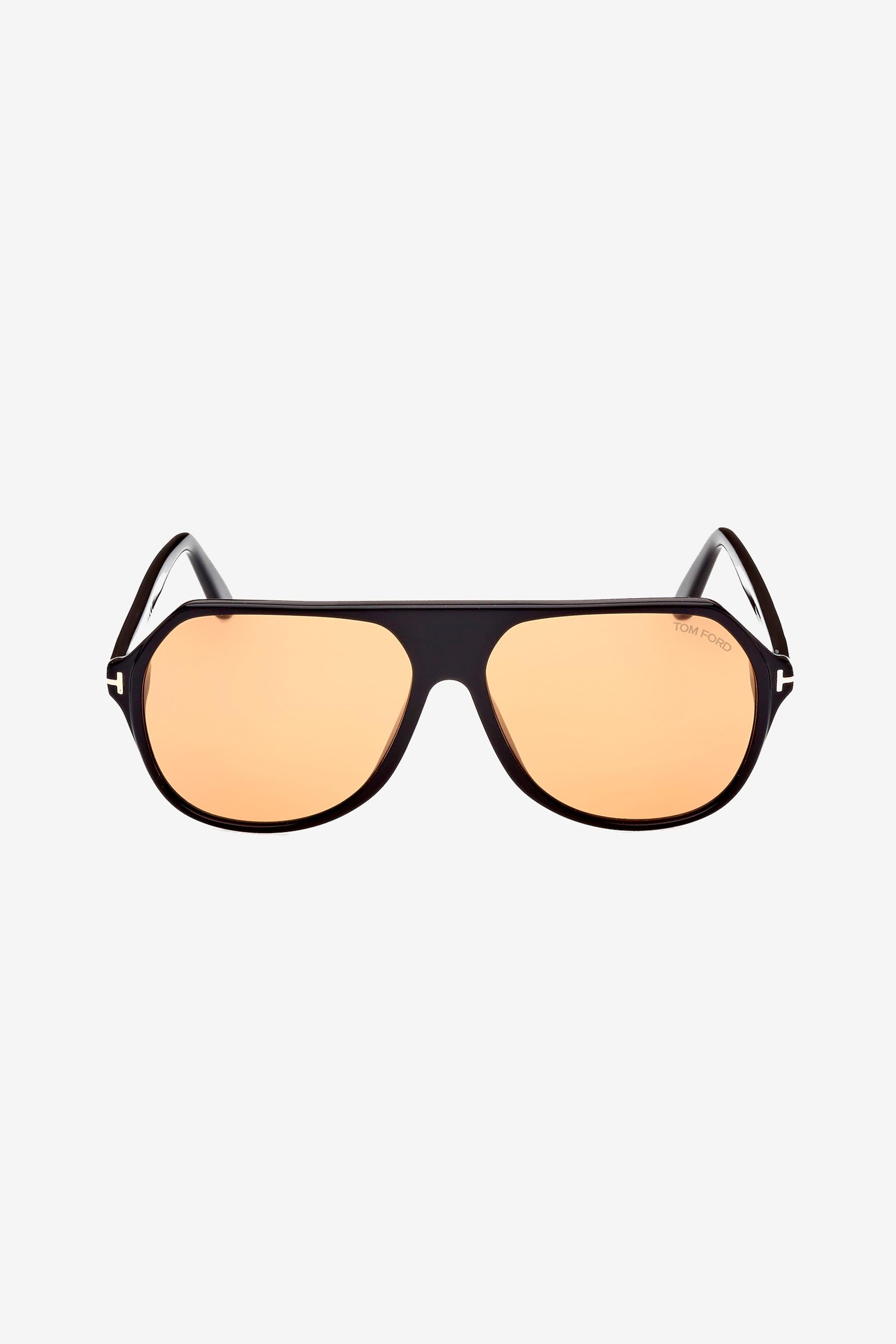 Tom Ford Black Pilot Sunglasses With Orange Lenses for Men