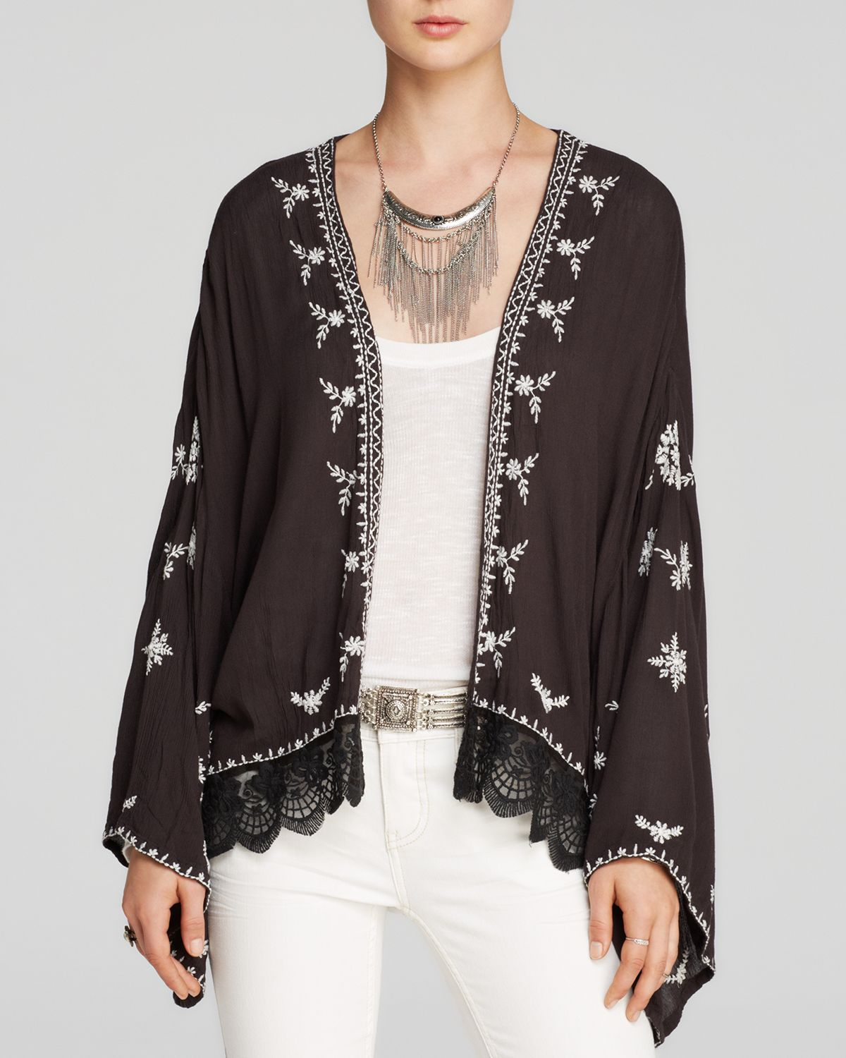 Free People Embroidered Kimono Jacket in Black | Lyst