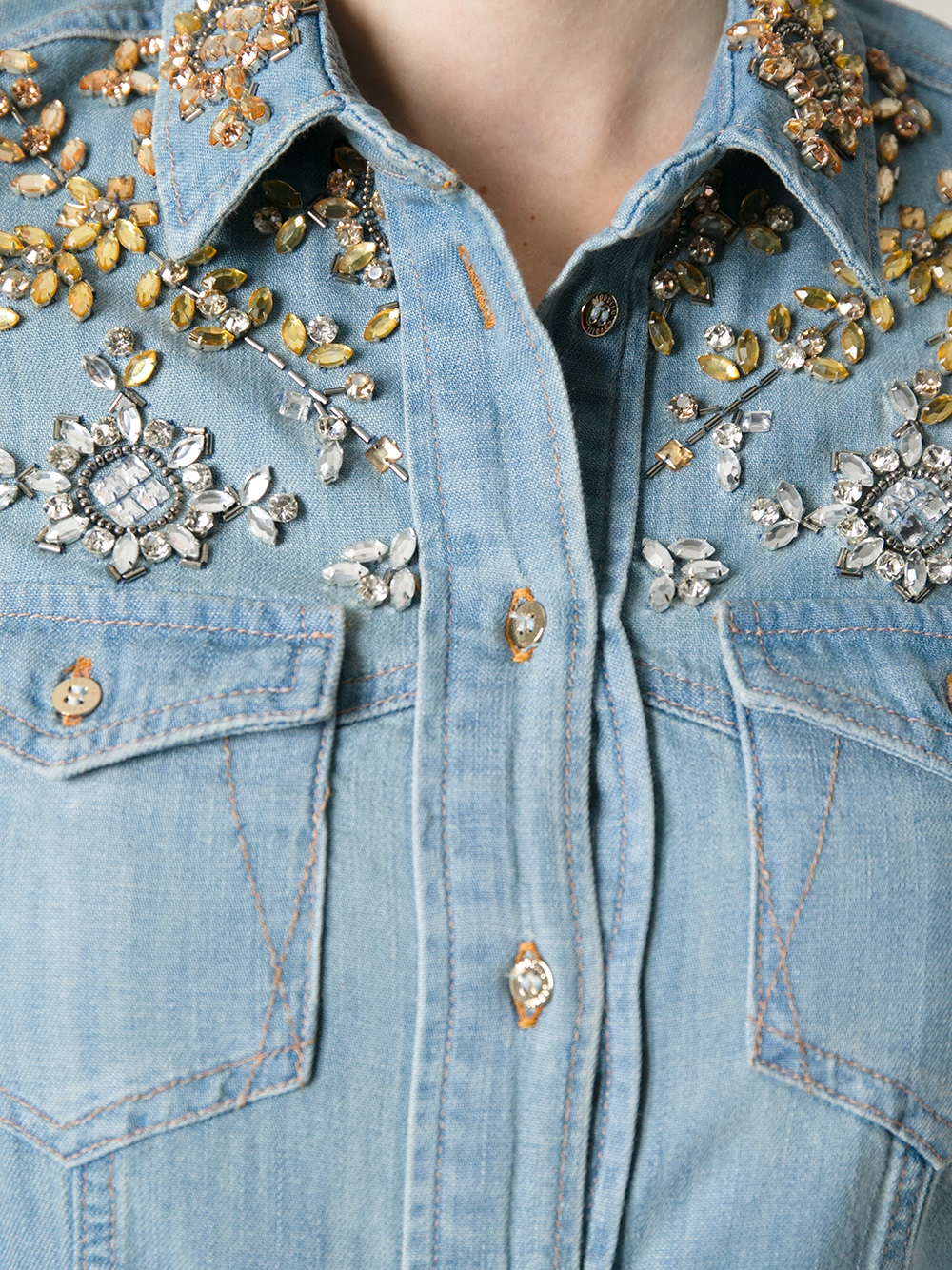 Roberto Cavalli Crystal Embellished Denim Shirt  in Blue Lyst