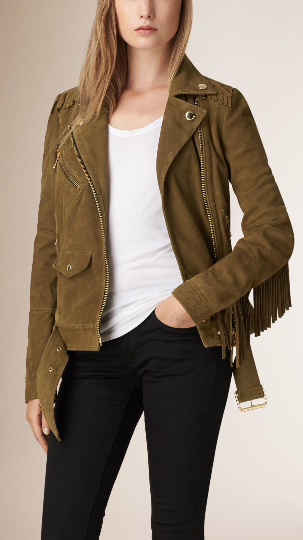 Burberry Fringed Suede Biker Jacket in Khaki (Natural) - Lyst