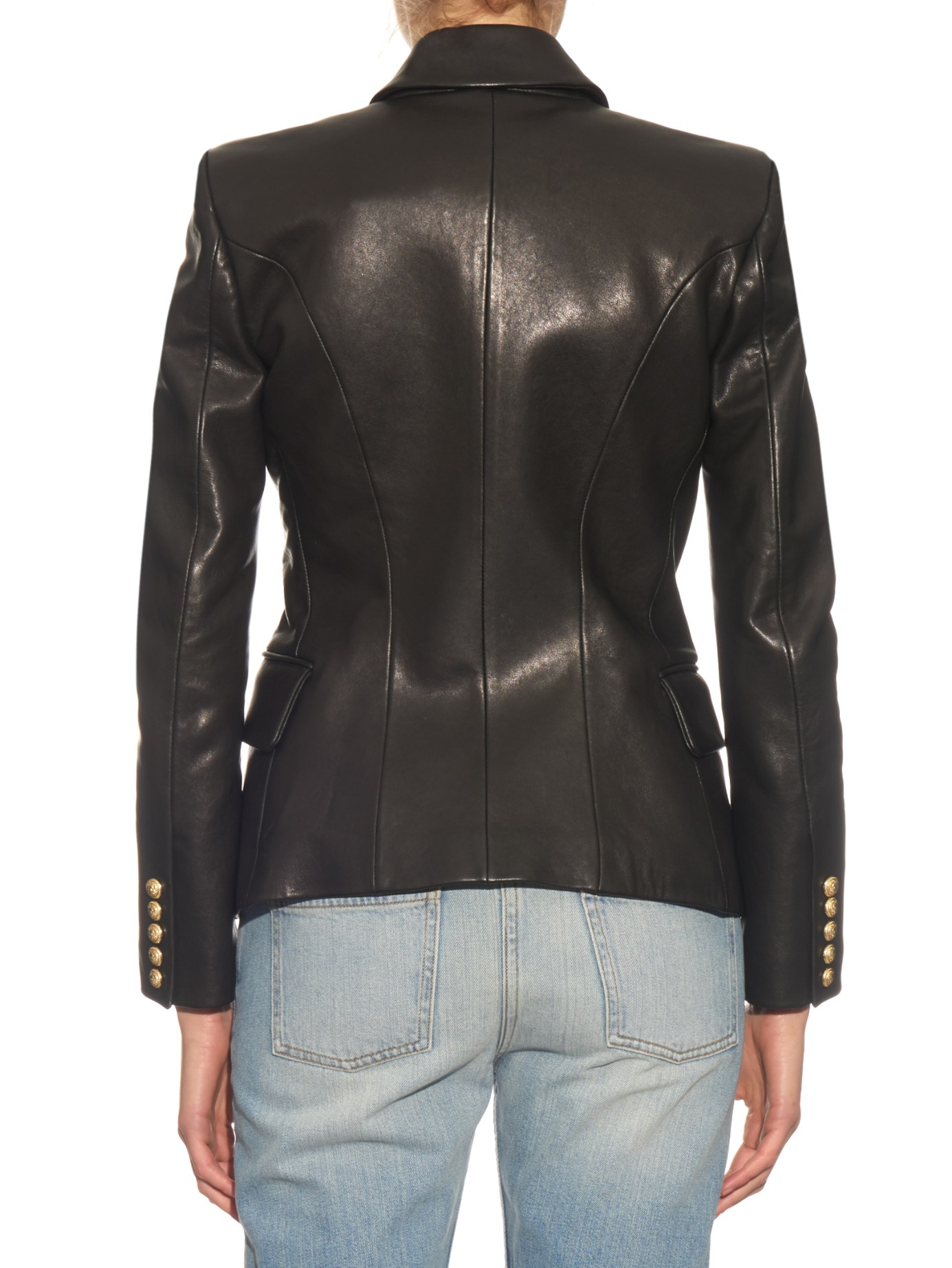 Balmain Double-Breasted Leather Jacket in Black - Lyst