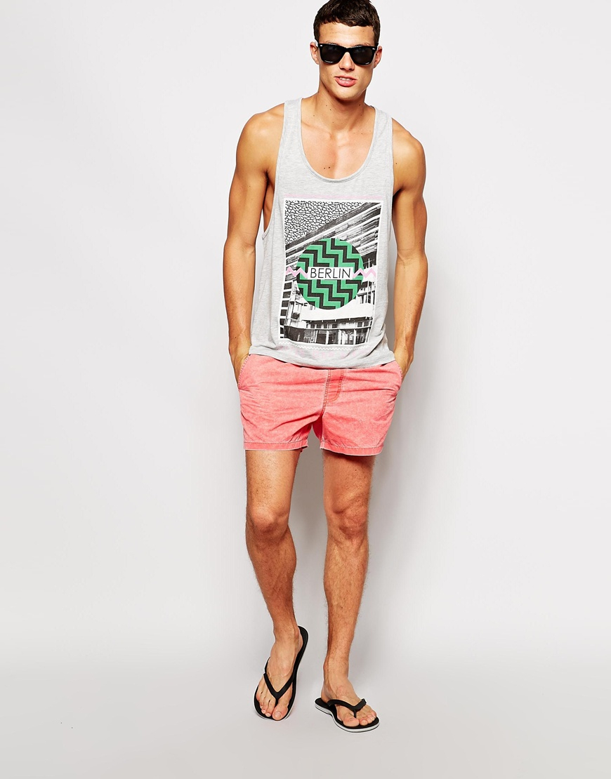 Lyst - Asos Swim Shorts With Acid Wash In Short Length in Red for Men
