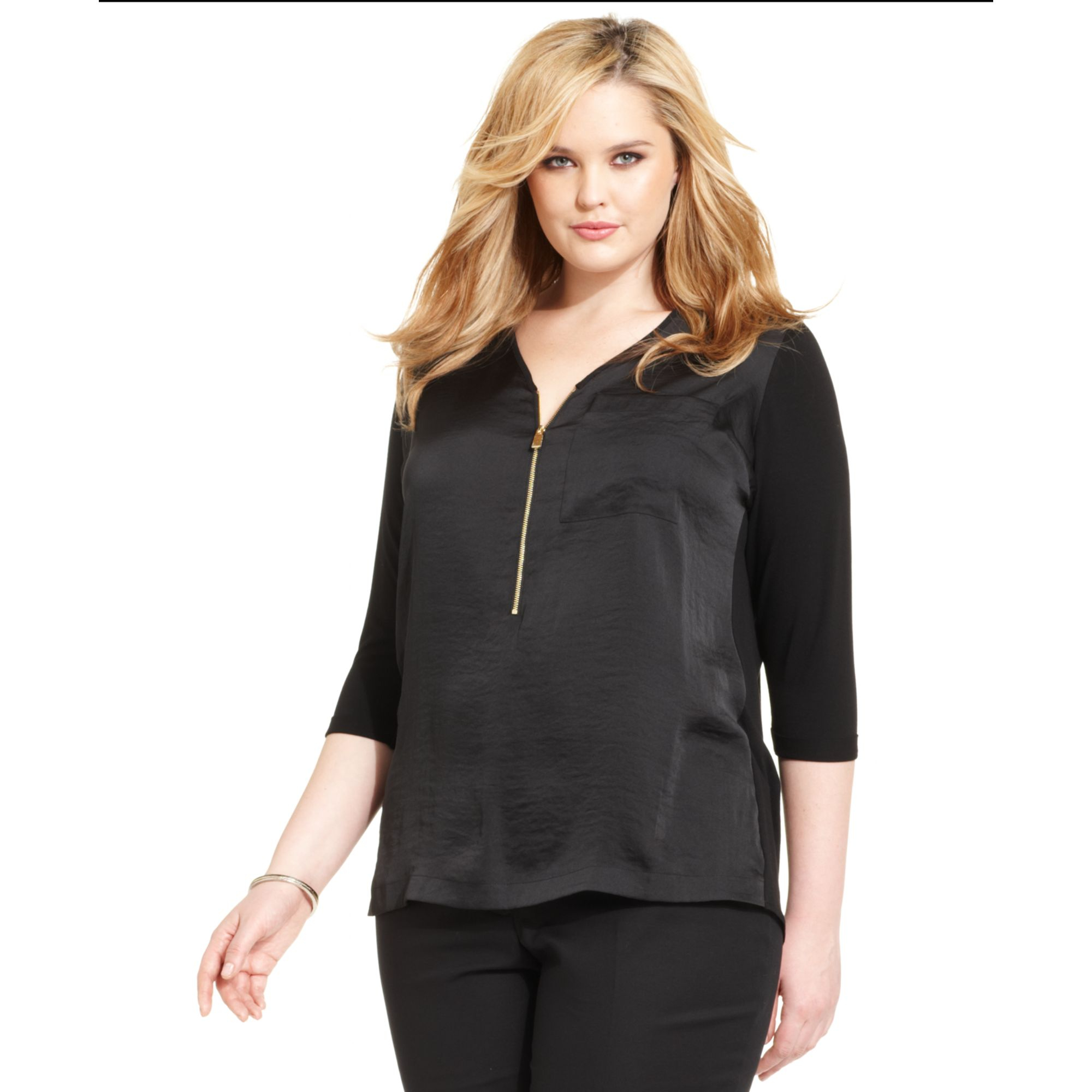 Vince Camuto Plus Size Threequartersleeve Mixedmedia Top in Black (Rich ...