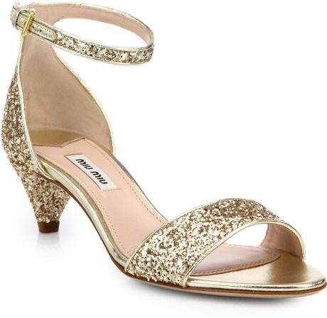 Miu Miu Jeweled Glitter Kitten-Heeled Sandals in Gold | Lyst