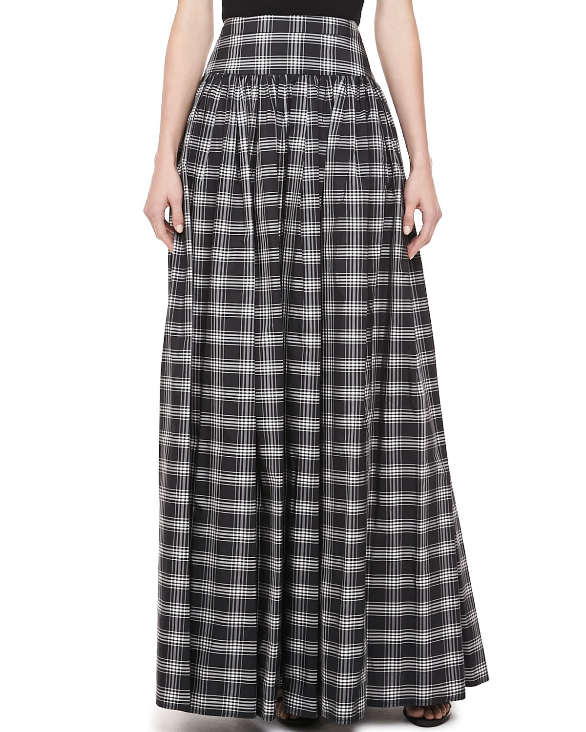 Michael Kors Silk Taos Plaid Taffeta Maxi Skirt in Black/Ivory (Black