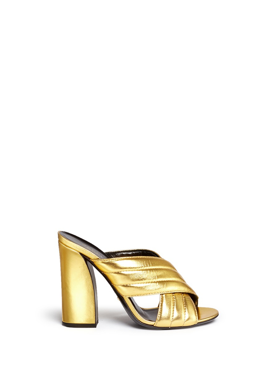 Gucci 'webby' Ribbed Crisscross Metallic Leather Mule Sandals | Lyst