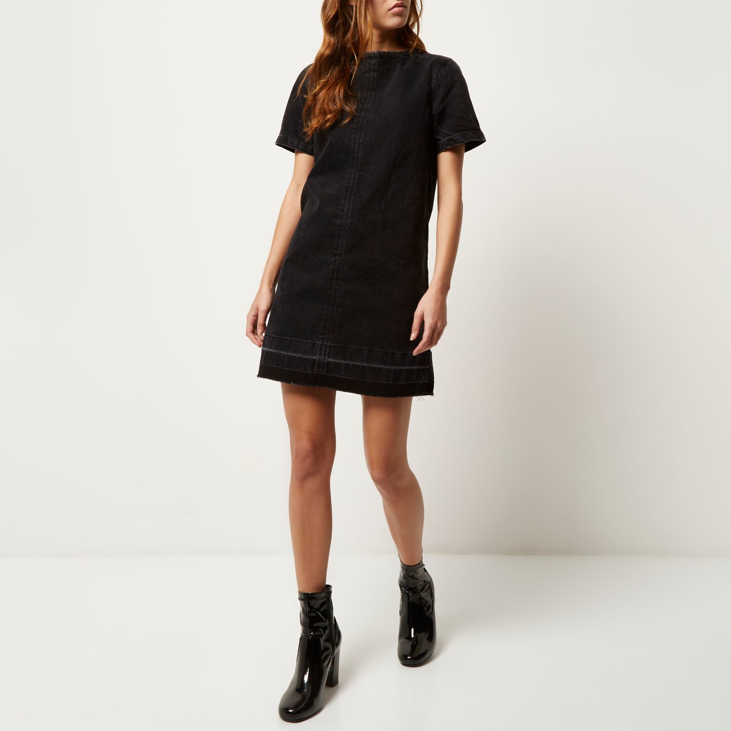 river island black denim dress