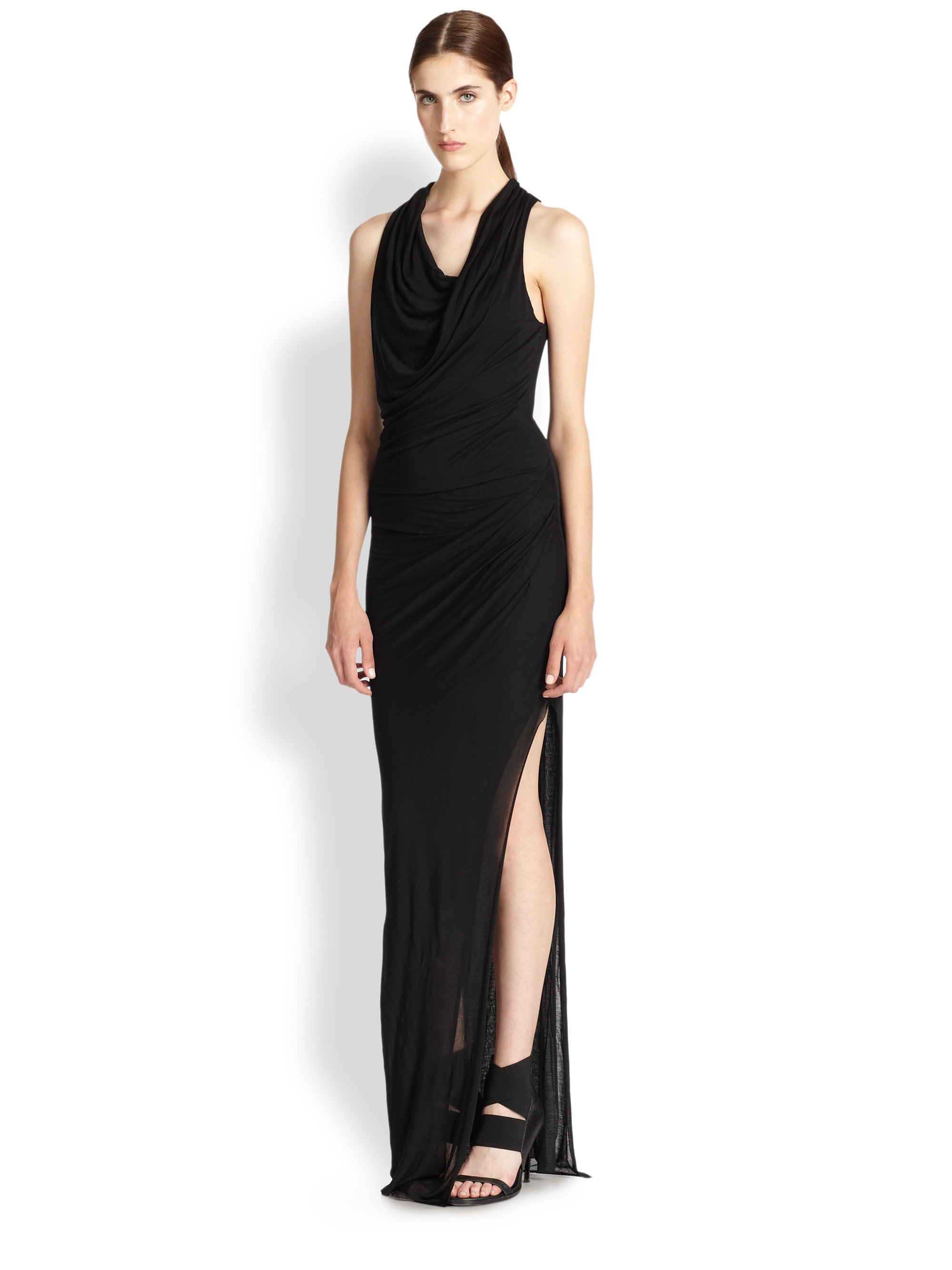 Helmut lang Asymmetrical Draped Jersey Maxi Dress in Black | Lyst