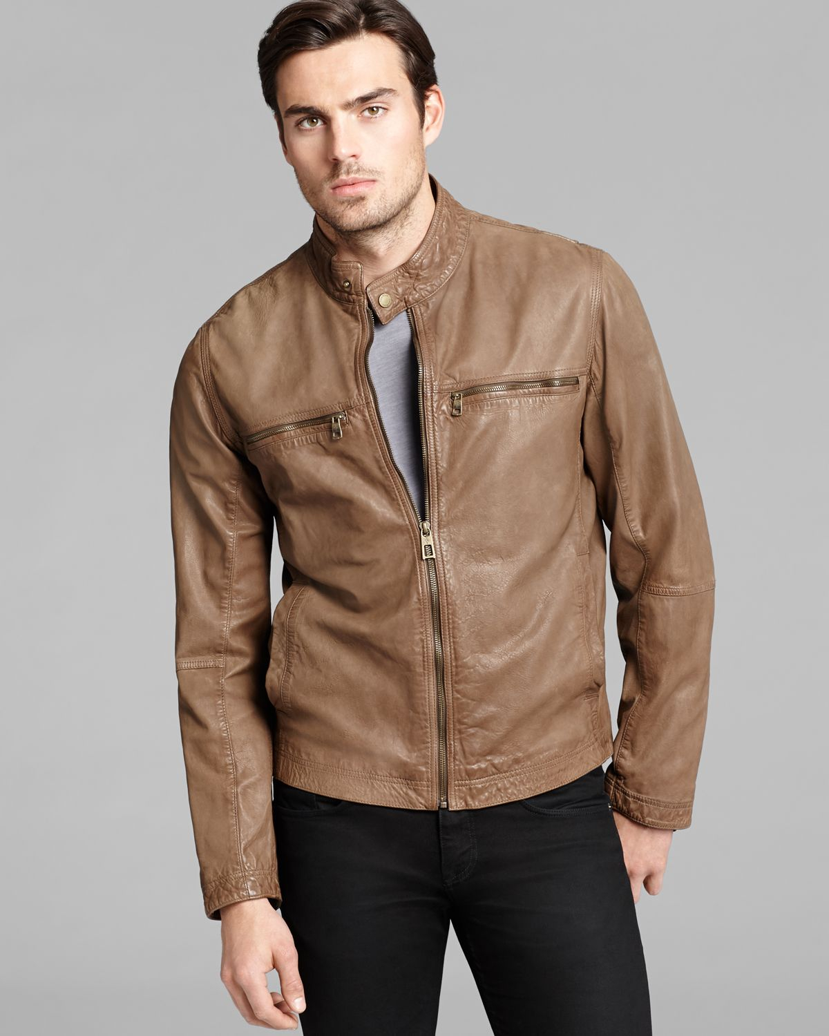 Cole Haan Brown Vintage Leather Moto Jacket For Men