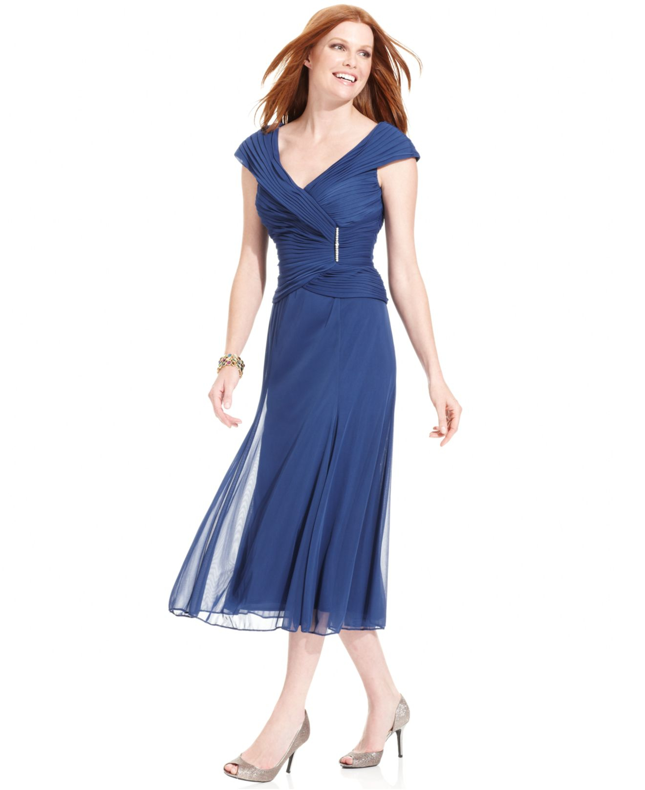 Alex Evenings Cap Sleeve Portrait Collar Pleated Dress in Blue Lyst