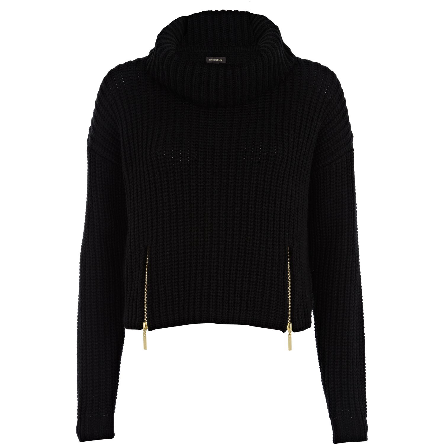 River Island Black Roll Neck Cropped Sweater in Black | Lyst