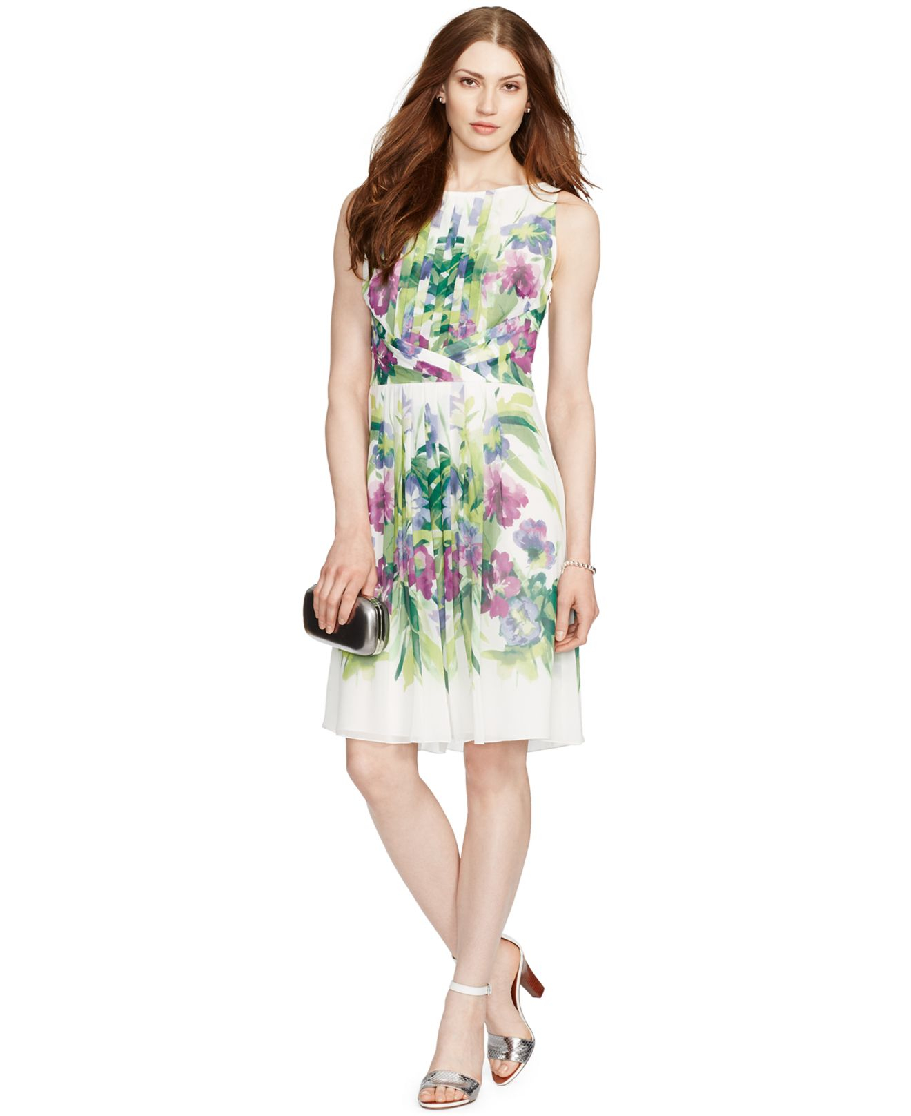 Lauren by ralph lauren Floral-Print Pleated Dress in White | Lyst
