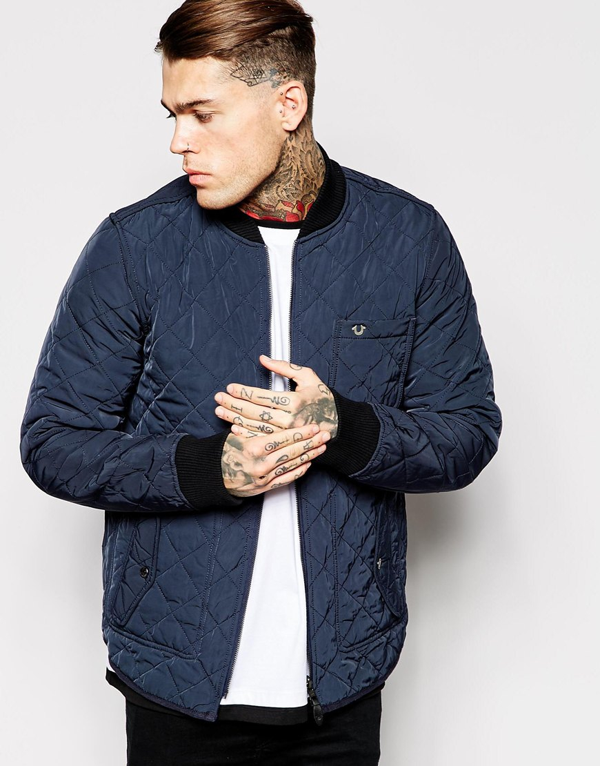 True religion Reversible Bomber Jacket Quilted And Denim in Blue