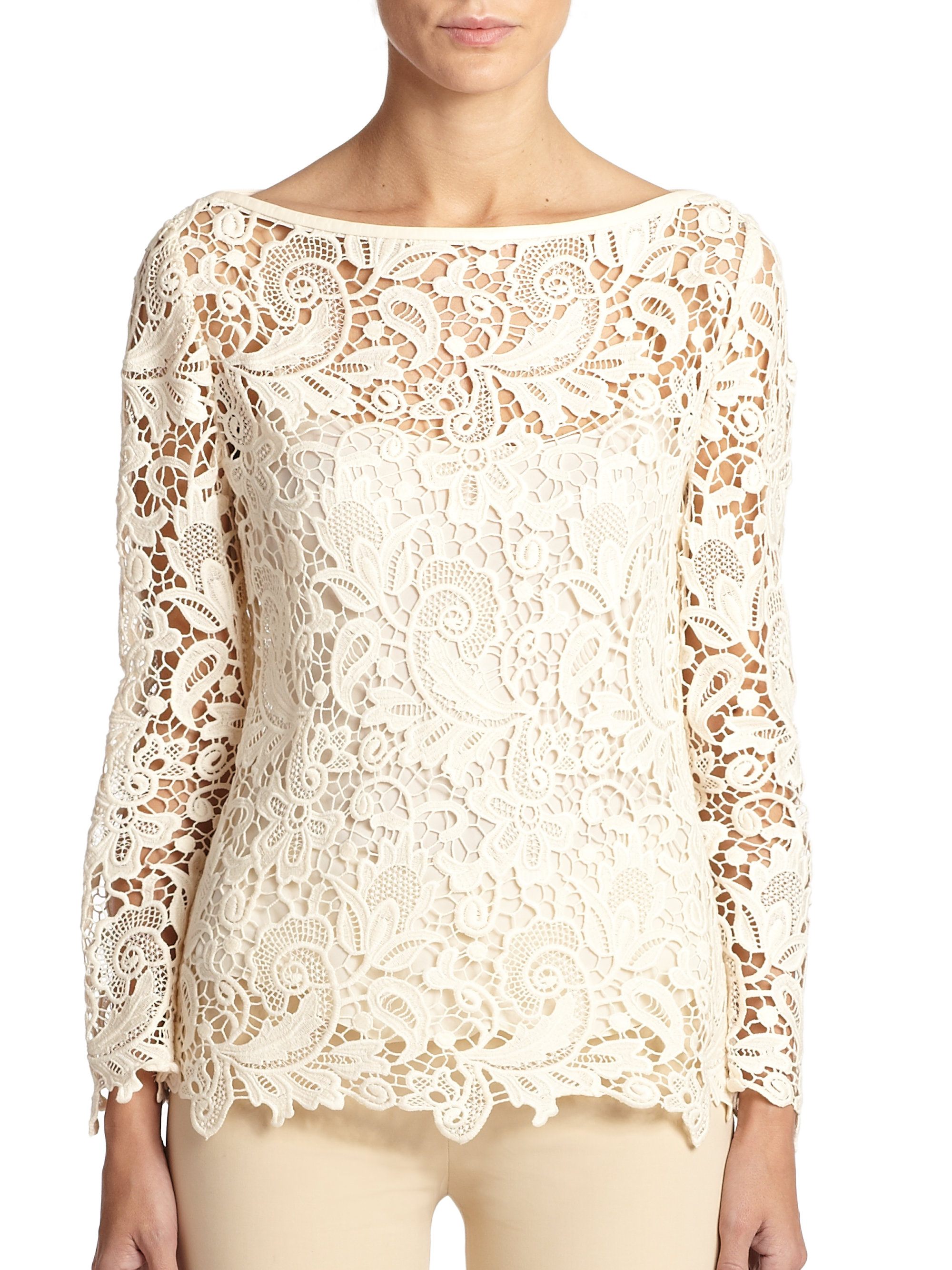 Ralph Lauren Embroidered Lace Top in White | Lyst