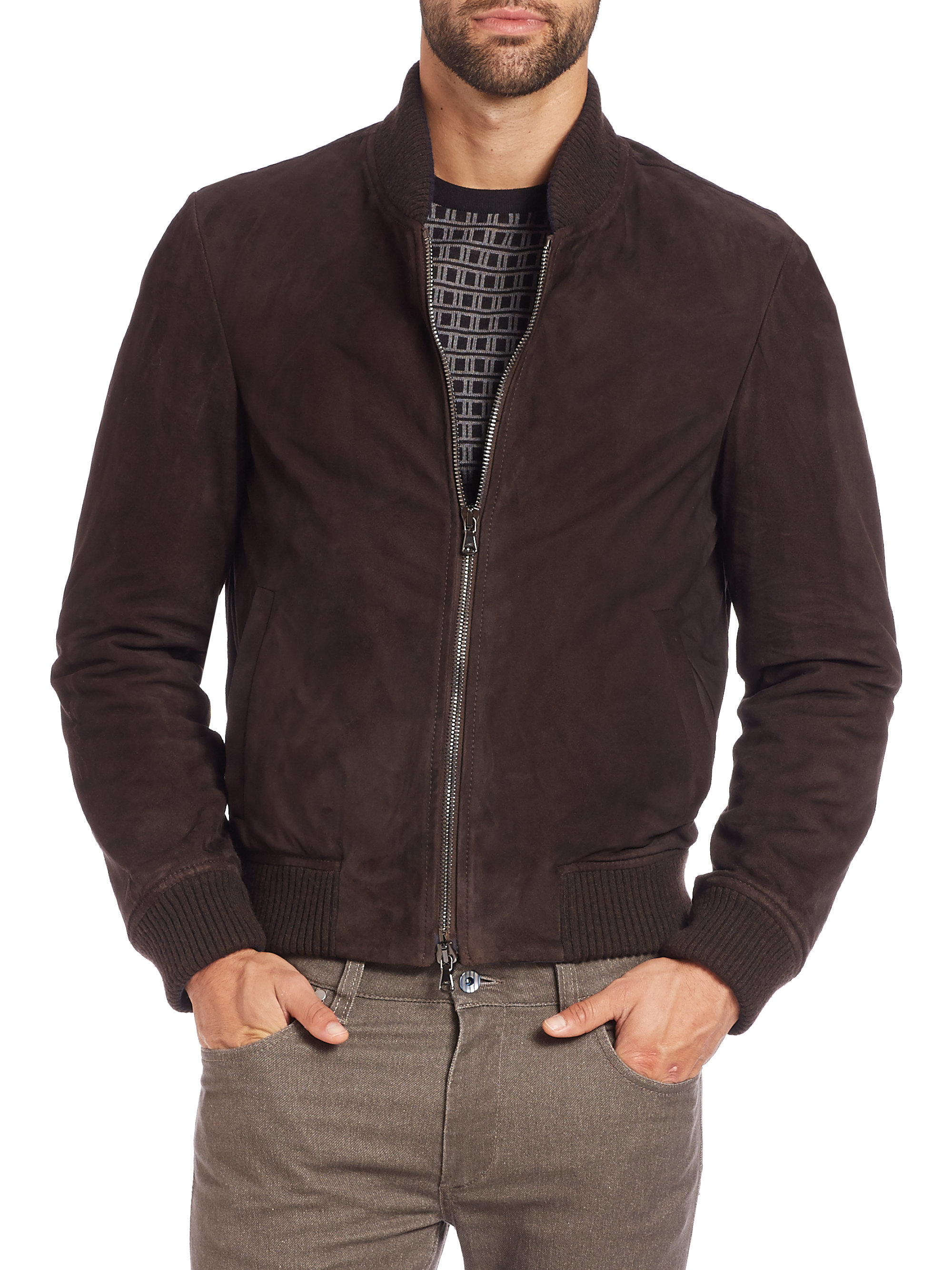 Saks Fifth Avenue Suede Bomber Jacket in Brown for Men | Lyst