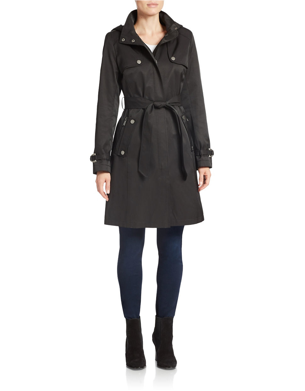 Dkny Belted Trench Coat in Black | Lyst