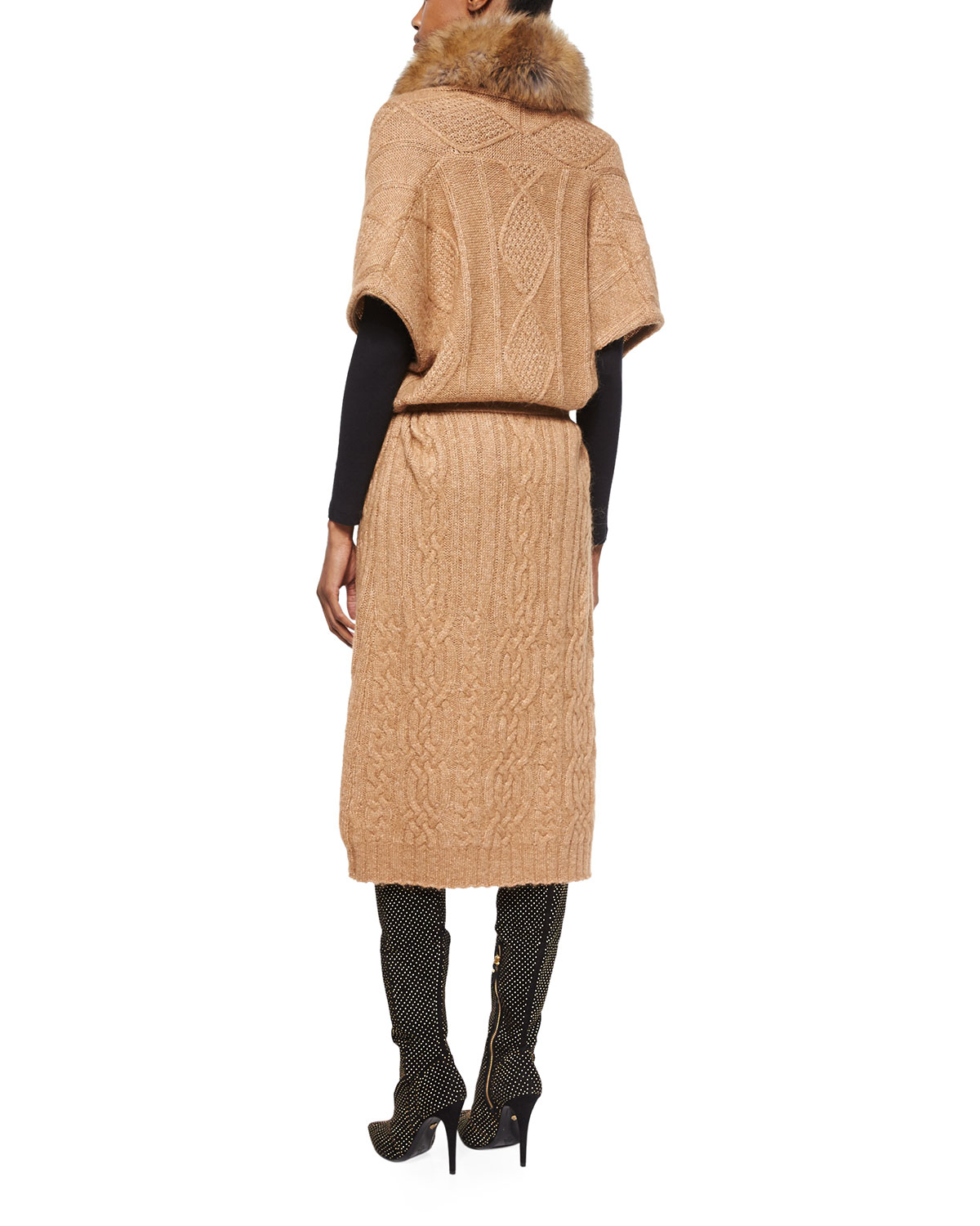 Alice Olivia Klay Long Cable Knit Cardigan W Detachable Fur Collar In Camel Brown Lyst
