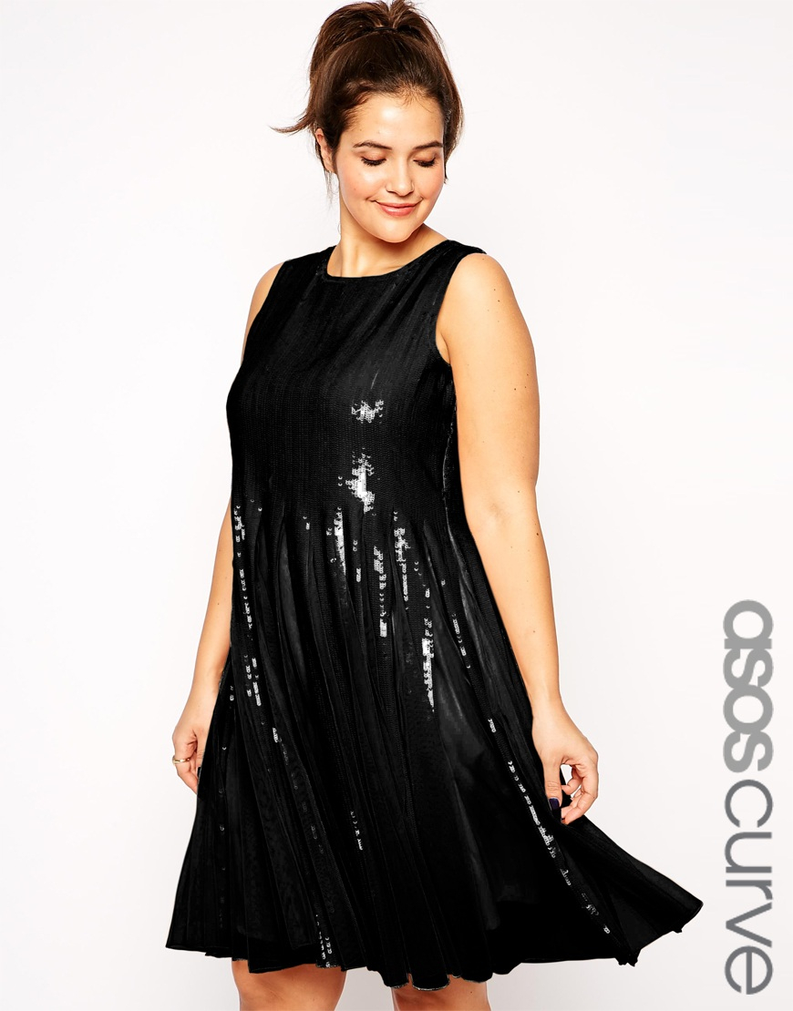 Asos Curve Mesh & Sequin Skater Dress in Black | Lyst