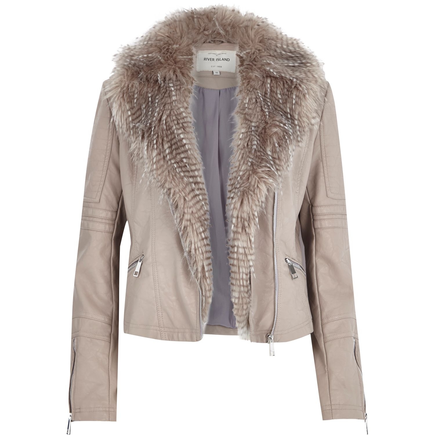 River Island Beige Leather Look Faux Fur Biker Jacket In Natural Lyst Be Inspired