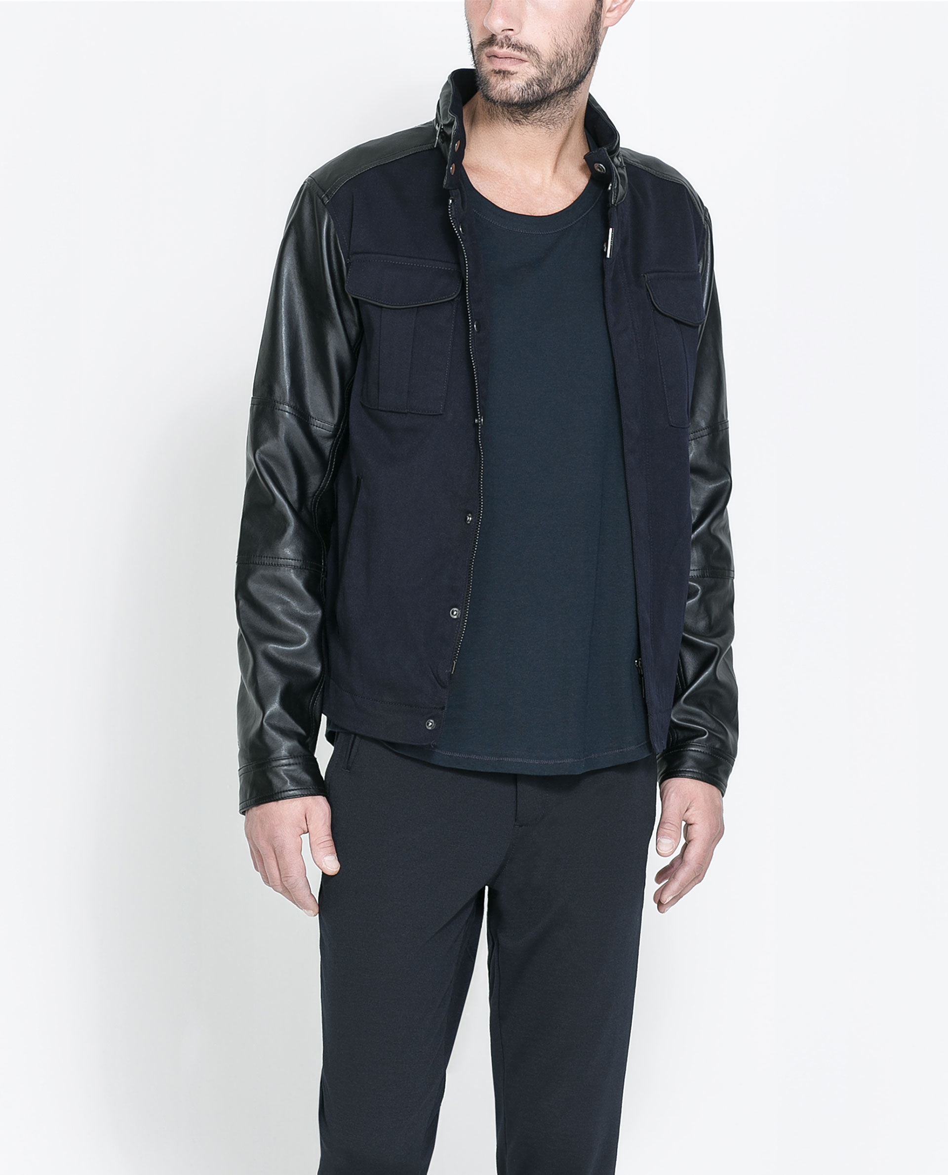 Zara Safari Jacket With Faux Leather Sleeves In Blue For Men Lyst Gallery