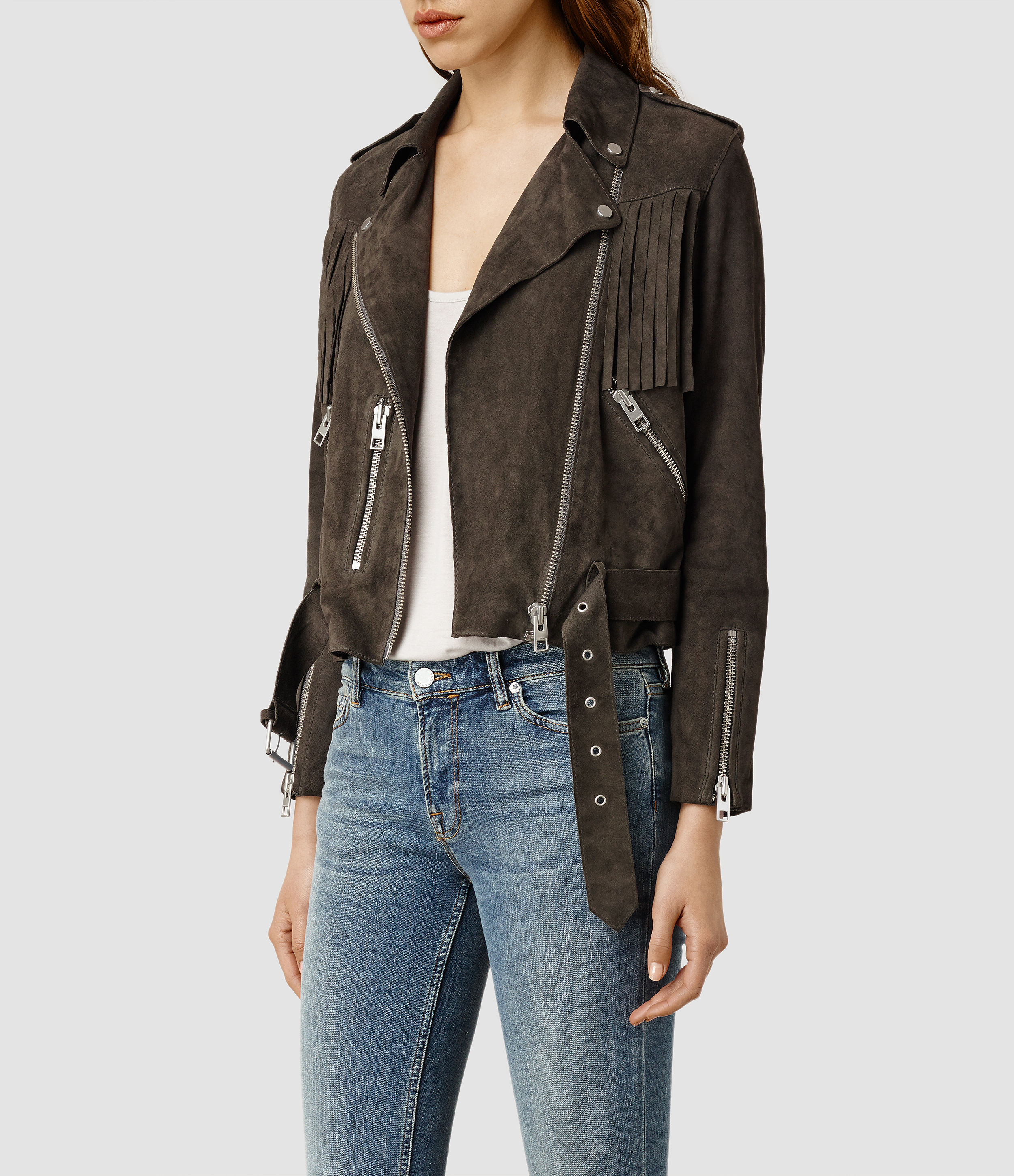 Women S Gray Tassel Leather Biker Jacket