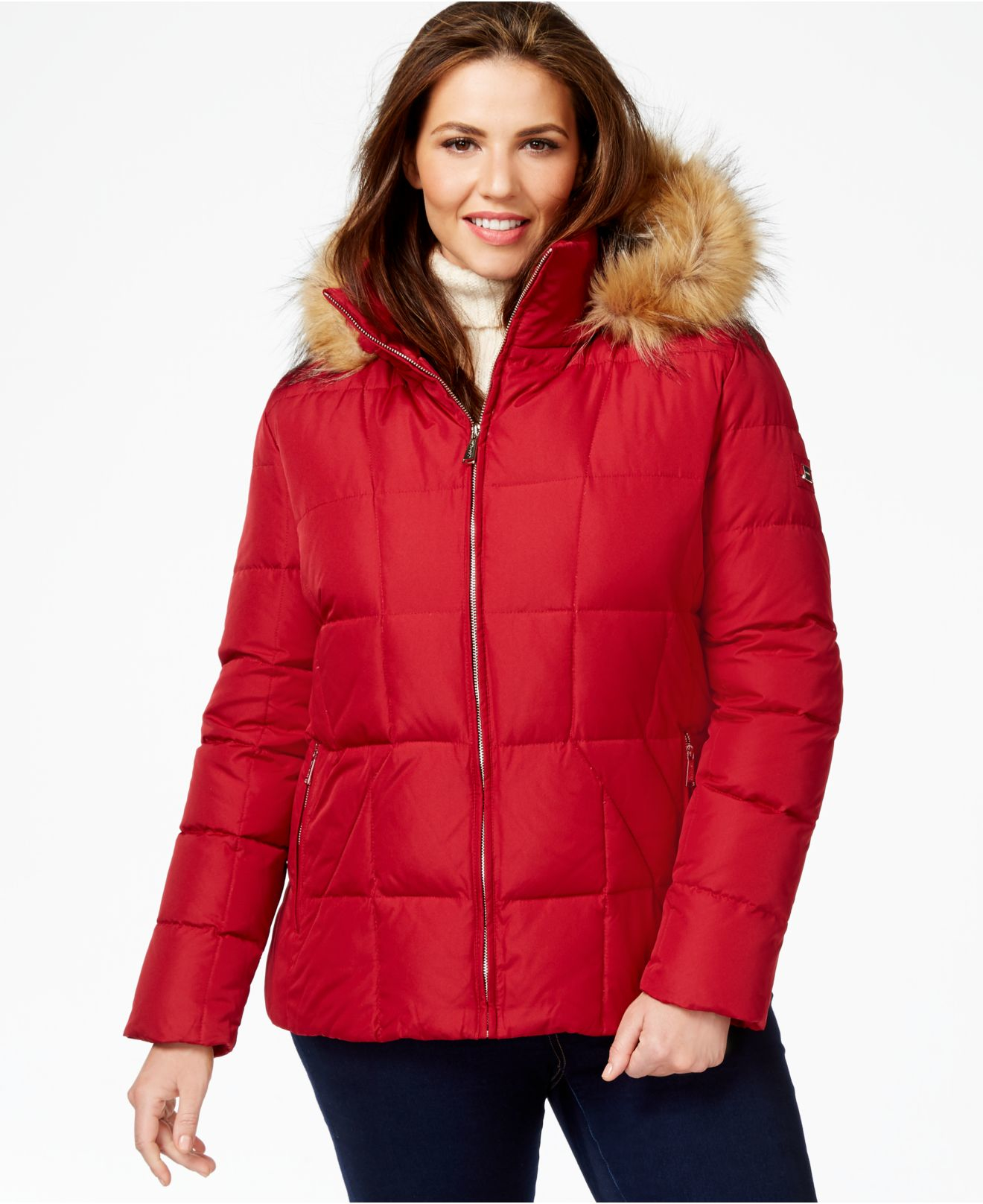 Calvin Klein Plus Size Faux-fur-trim Down Coat in Red | Lyst