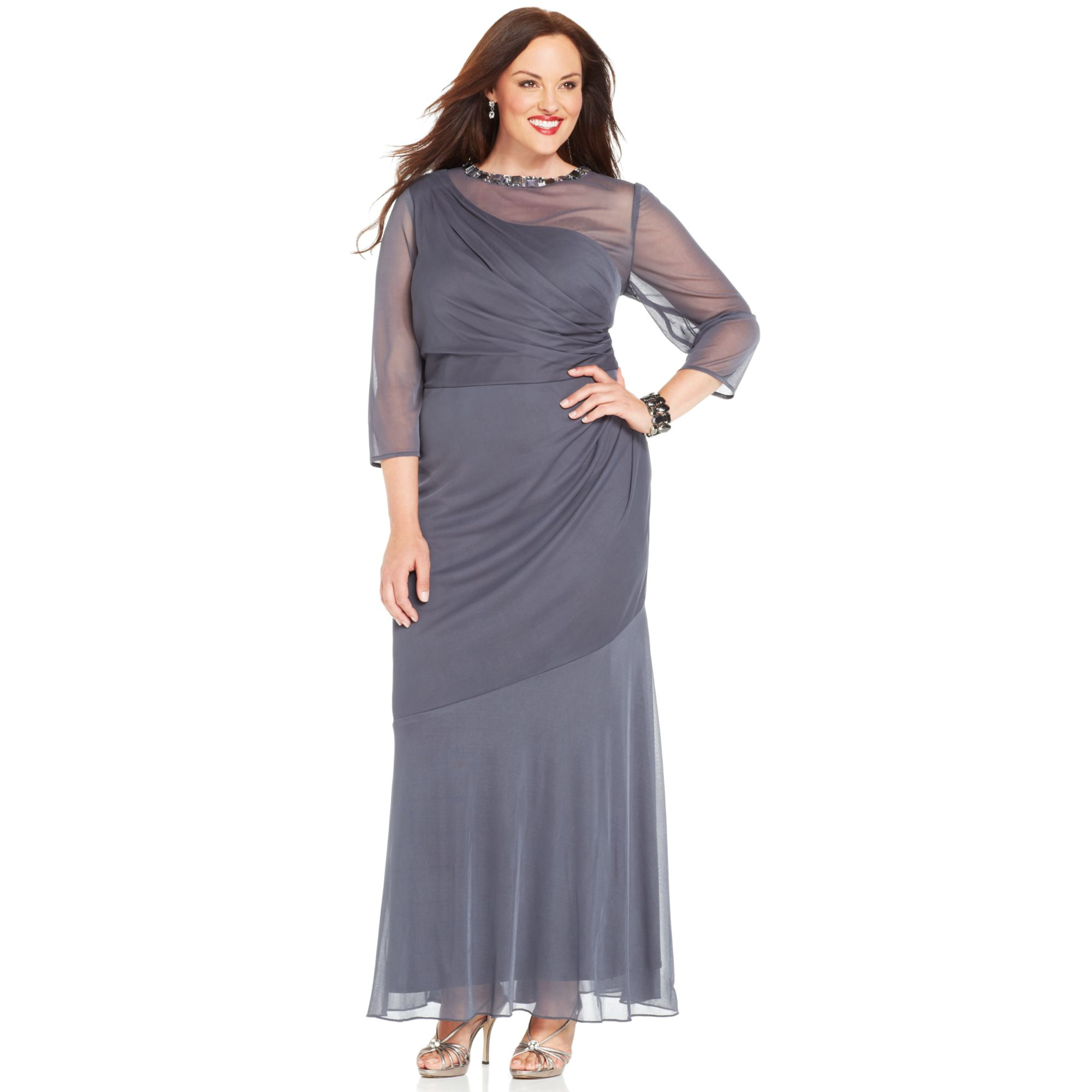 Alex evenings Plus Size Illusion-Sleeve One-Shoulder Gown in Gray ...