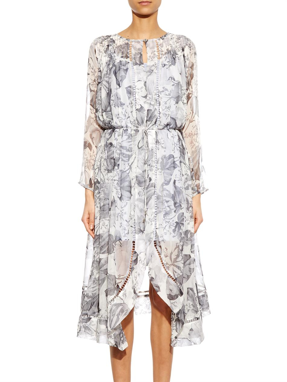 Zimmermann Seer Floral-Print Silk Dress in Gray (Grey) | Lyst
