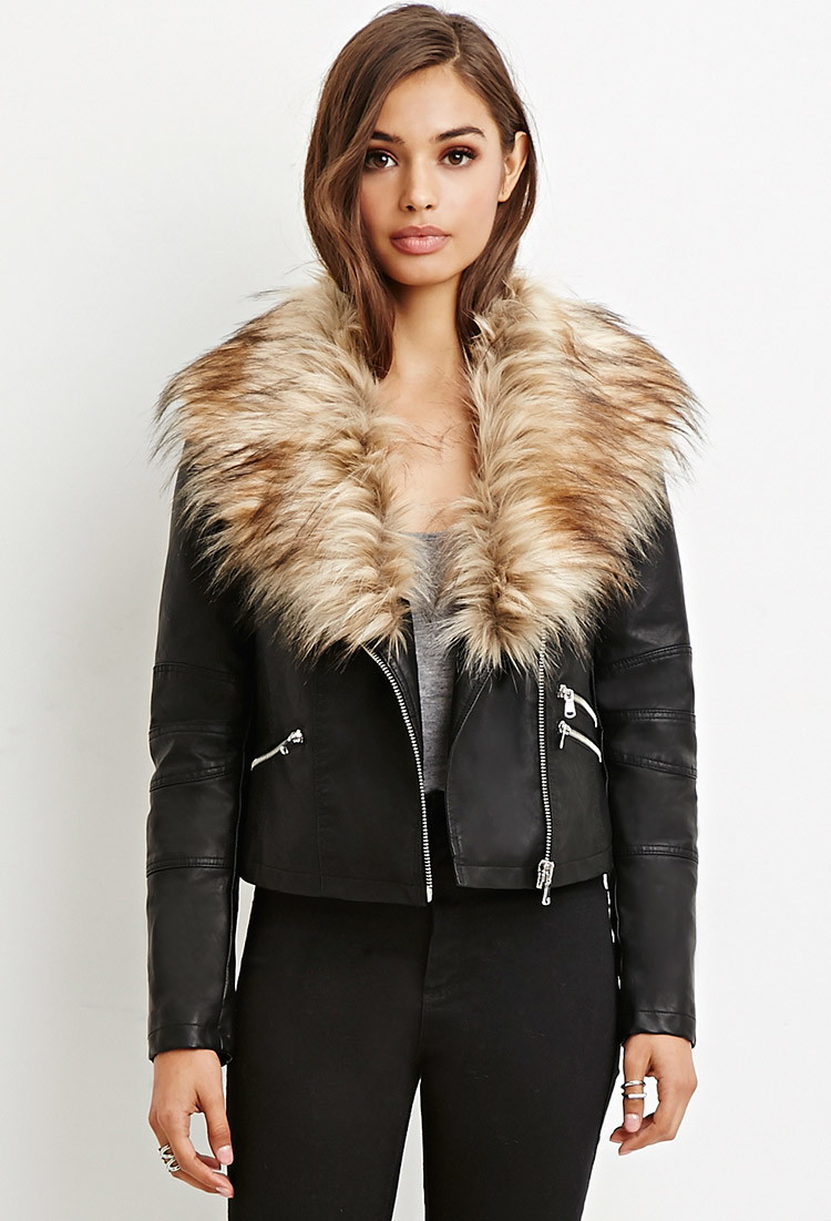 Lyst Forever 21 Faux Fur Trimmed Moto Jacket In Black Gallery