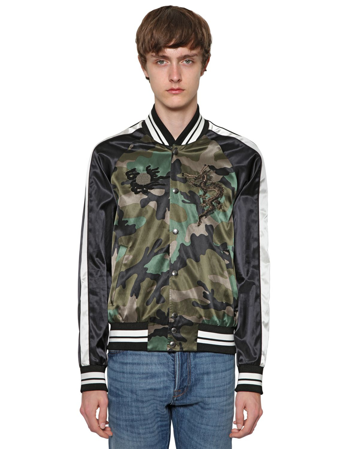 Valentino Dragon Embroidered Satin Bomber Jacket in Black/Green (Green ...
