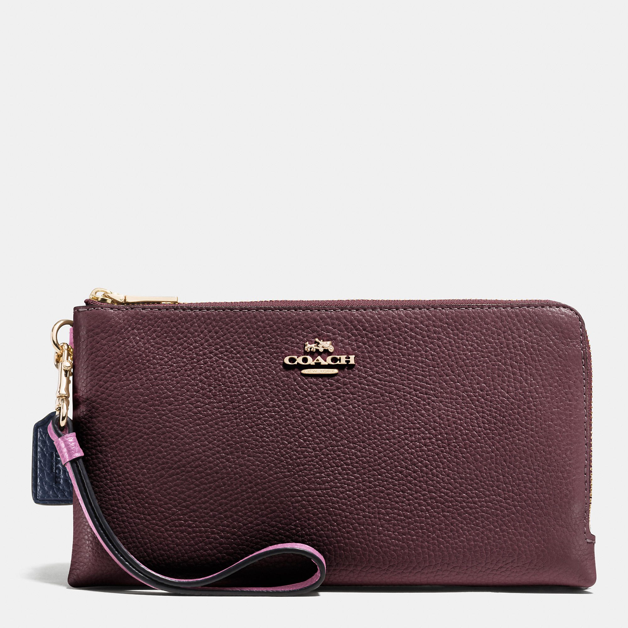 COACH Double Zip Wallet In Colorblock Leather in Light Gold/Oxblood
