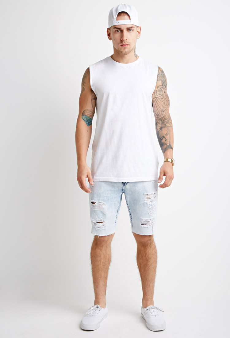 Distressed Bleach Wash Denim Shorts 