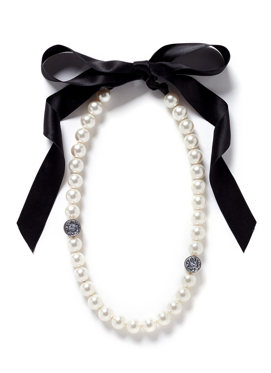 Lanvin Pearl Strand Satin Ribbon Necklace in White