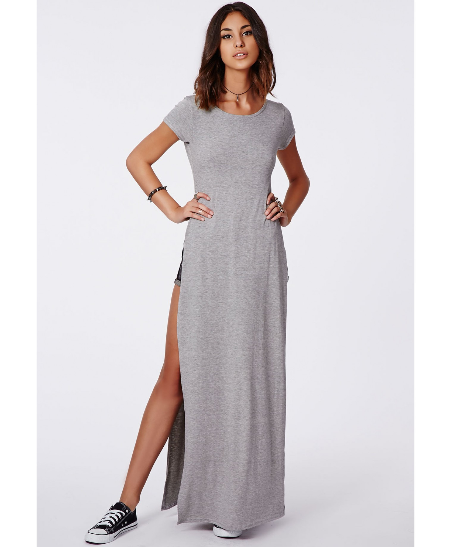 Missguided Krista T  Shirt  Style  Side Split Maxi Dress  Grey 