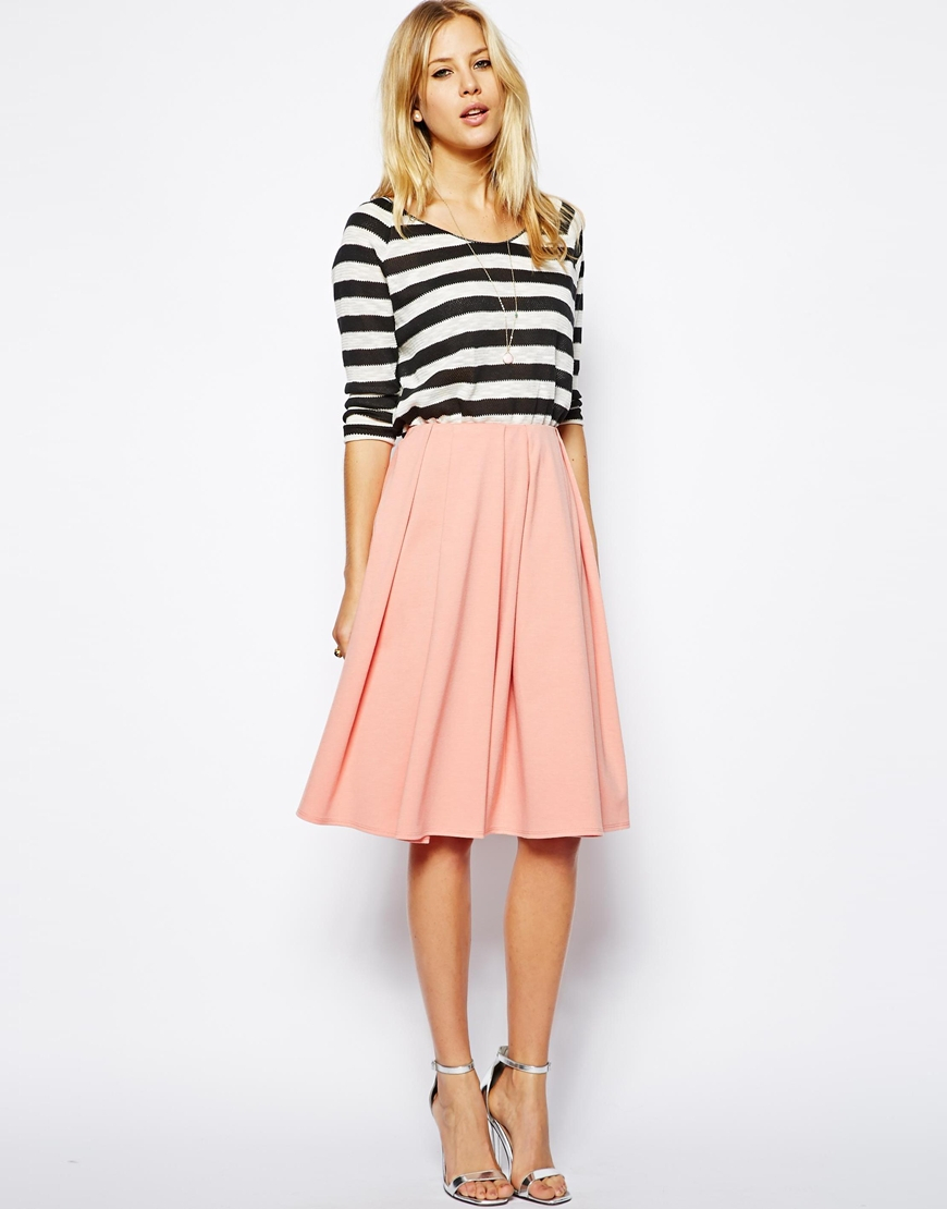 ASOS Midi Skirt In Ponte With Bold Pleats in Peach (Pink) - Lyst