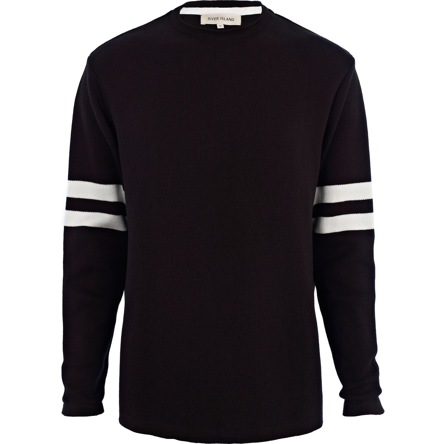 Black sweatshirt with clearance white stripes on sleeves