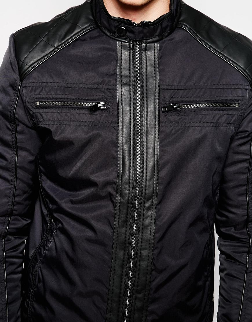 Brave Soul Faux Leather Patch Biker Jacket in Black for Men | Lyst