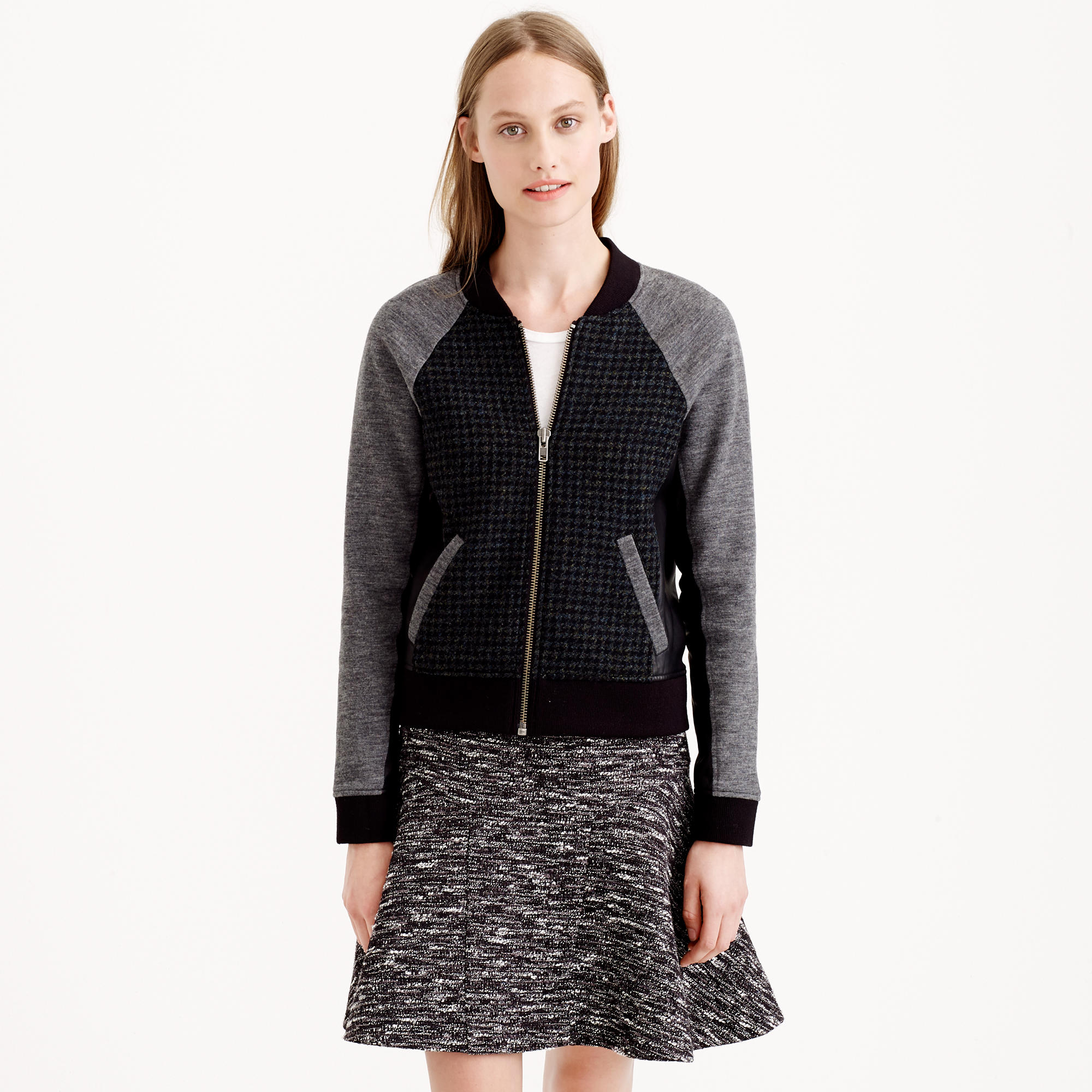 J.crew Leathertrim Mixed Bomber Jacket in Black Lyst
