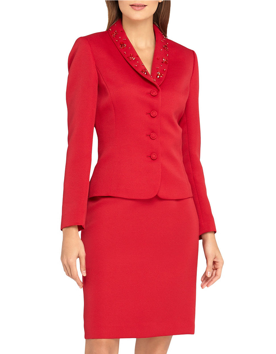 Tahari Plus Beaded Collar Skirt Suit in Red | Lyst