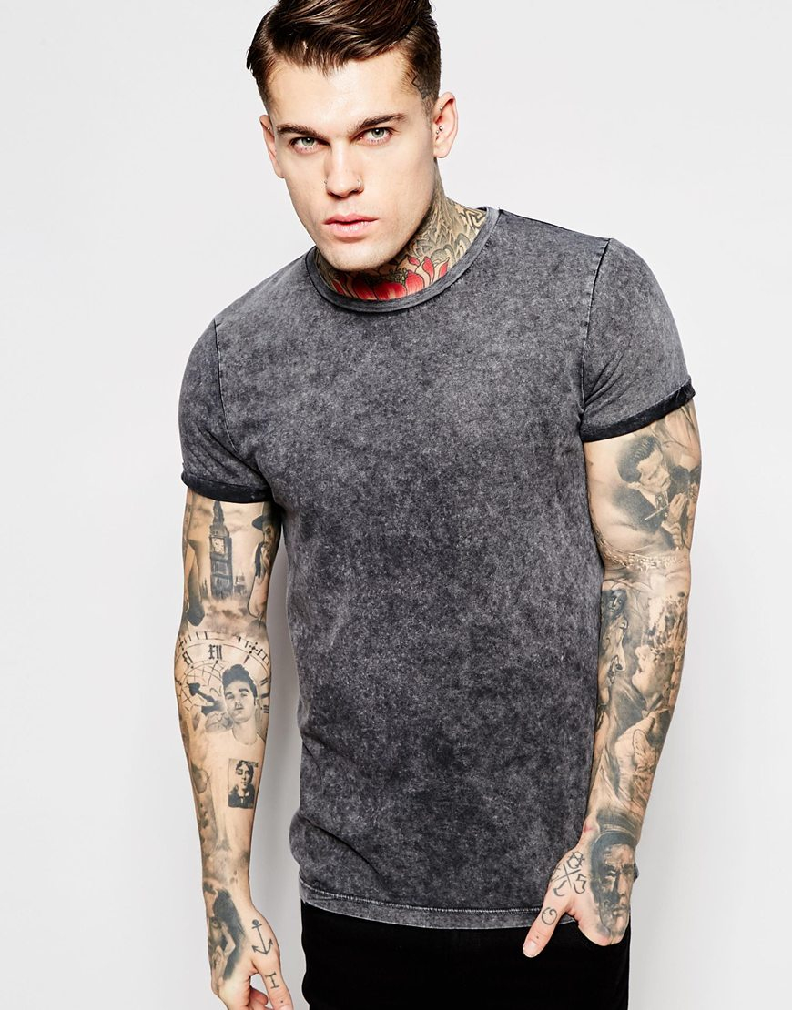 Lyst - Asos T-shirt With Acid Wash And Roll Sleeve In Grey in Gray for Men